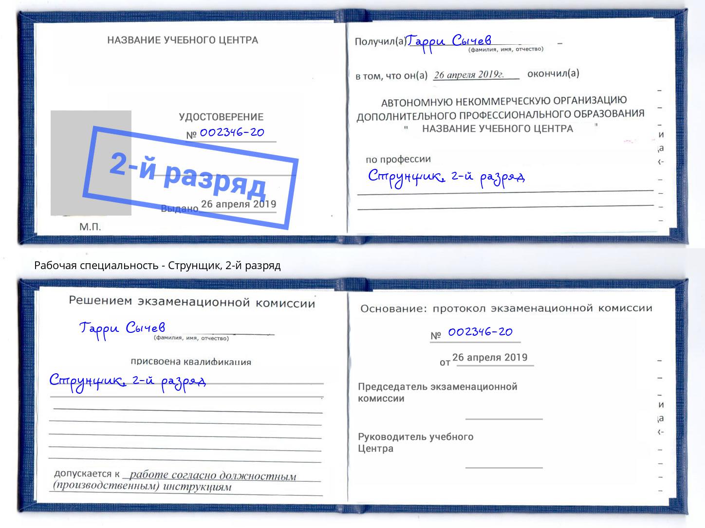 корочка 2-й разряд Струнщик Щёкино