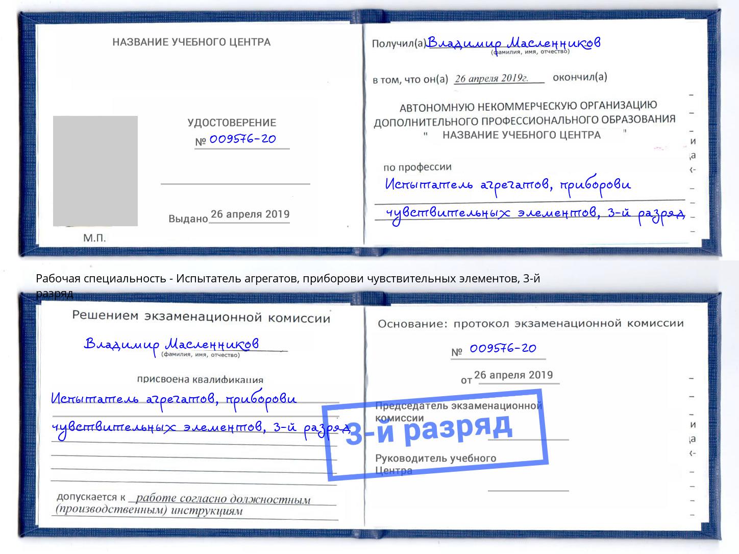 корочка 3-й разряд Испытатель агрегатов, приборови чувствительных элементов Щёкино