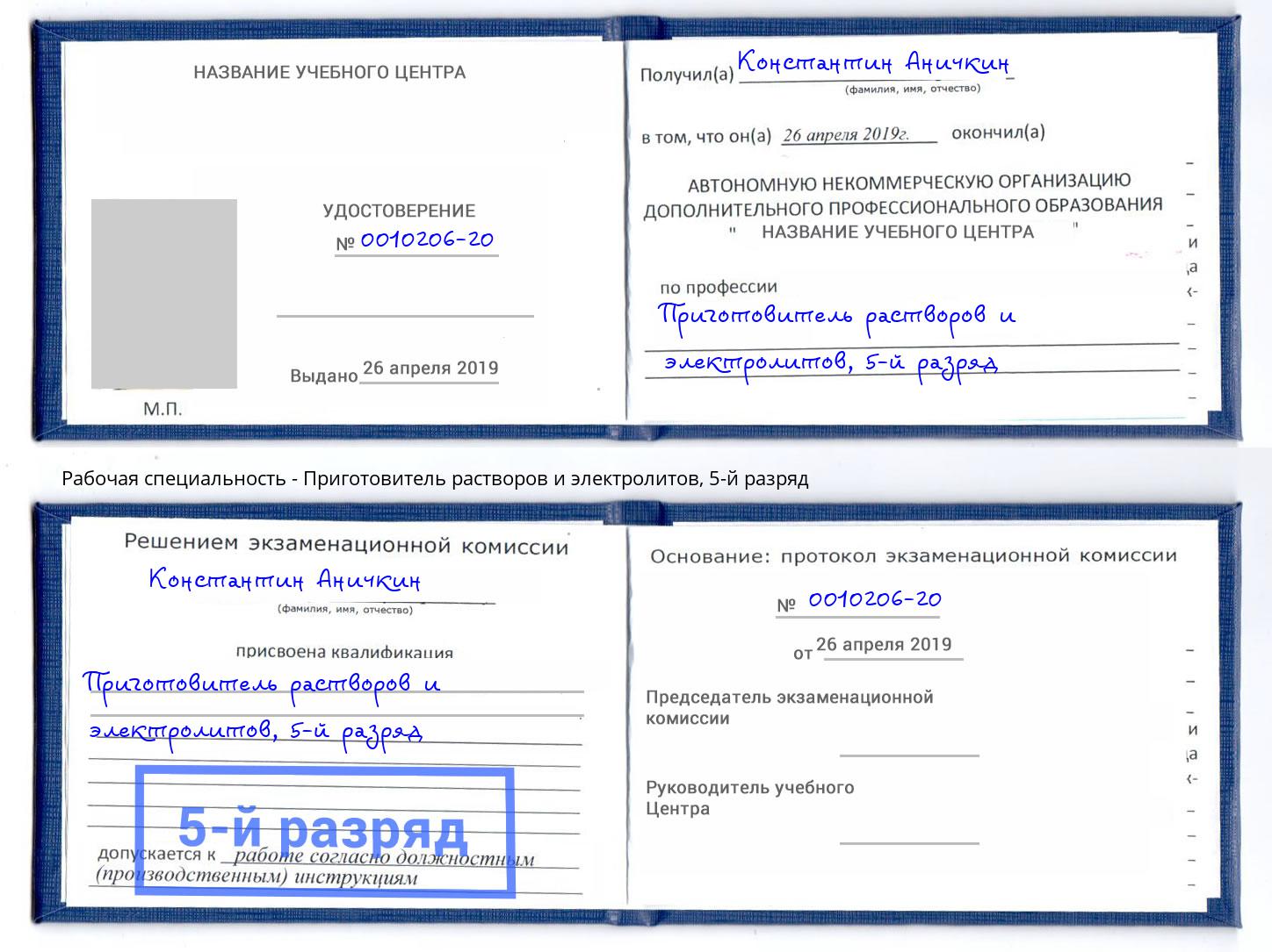 корочка 5-й разряд Приготовитель растворов и электролитов Щёкино
