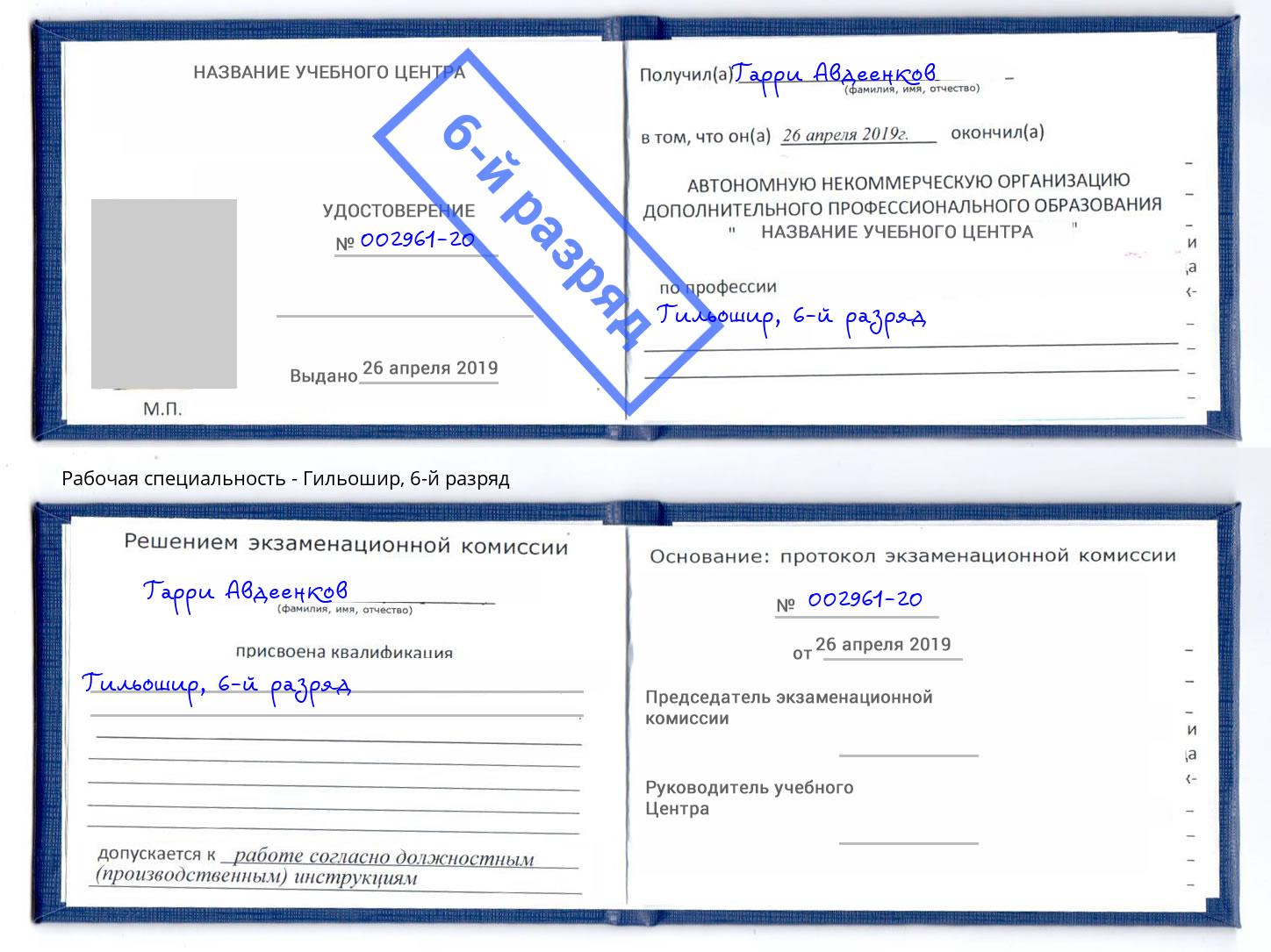корочка 6-й разряд Гильошир Щёкино