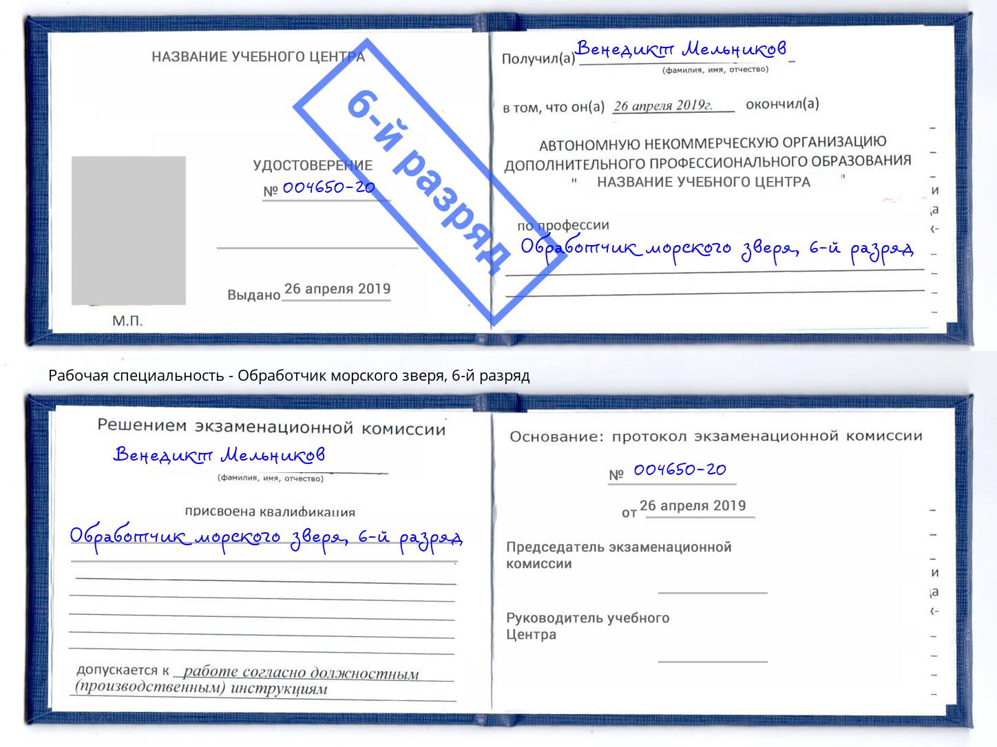 корочка 6-й разряд Обработчик морского зверя Щёкино