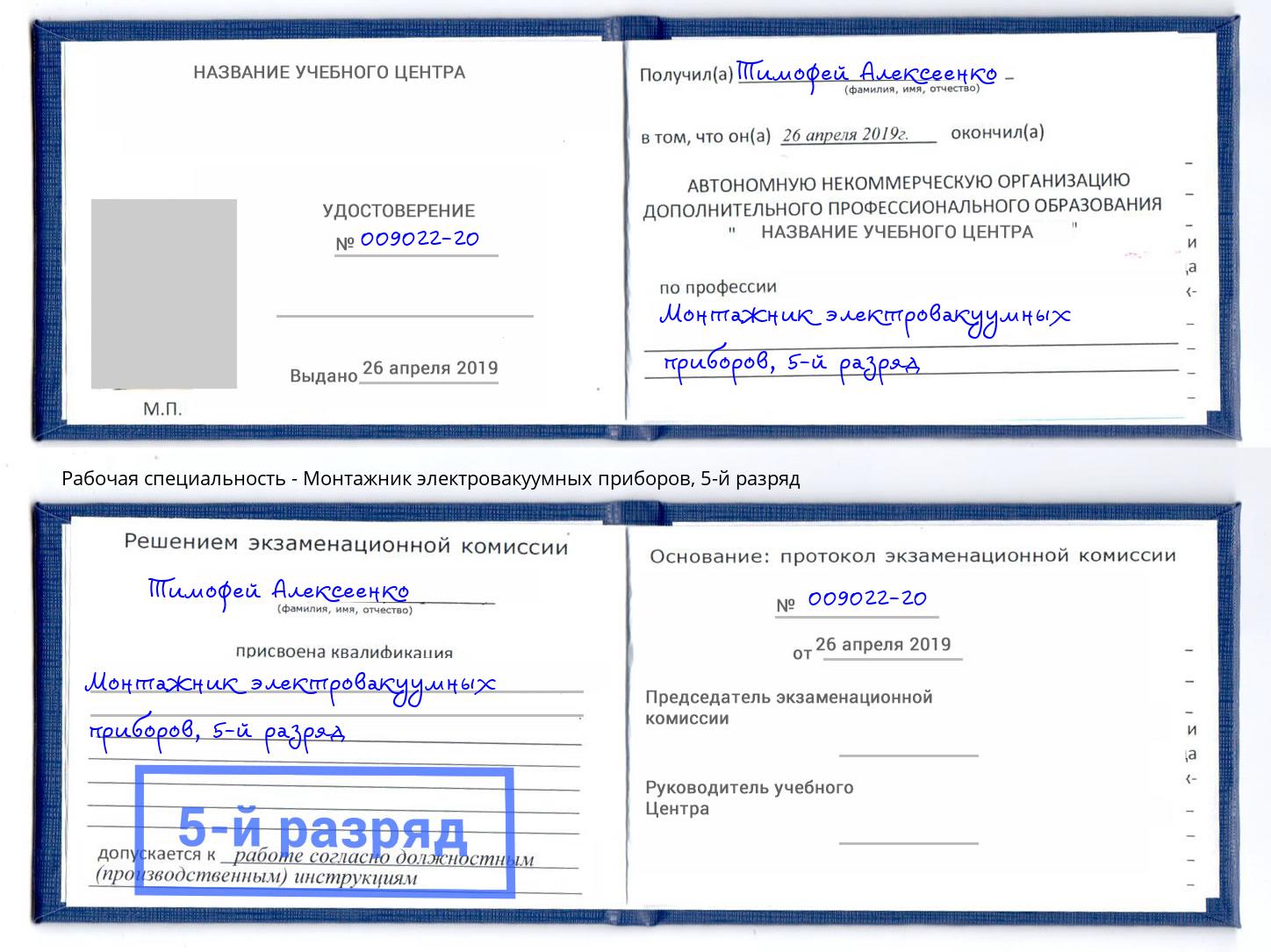 корочка 5-й разряд Монтажник электровакуумных приборов Щёкино