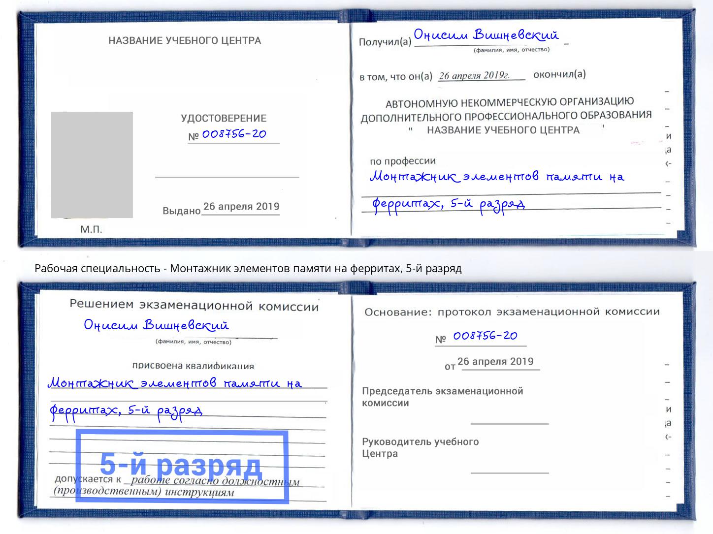 корочка 5-й разряд Монтажник элементов памяти на ферритах Щёкино