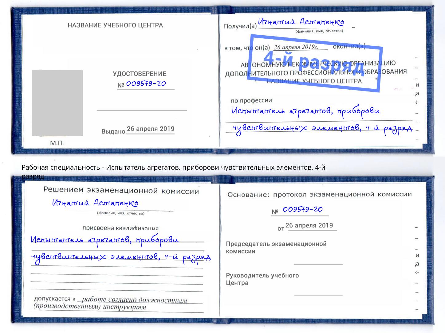 корочка 4-й разряд Испытатель агрегатов, приборови чувствительных элементов Щёкино