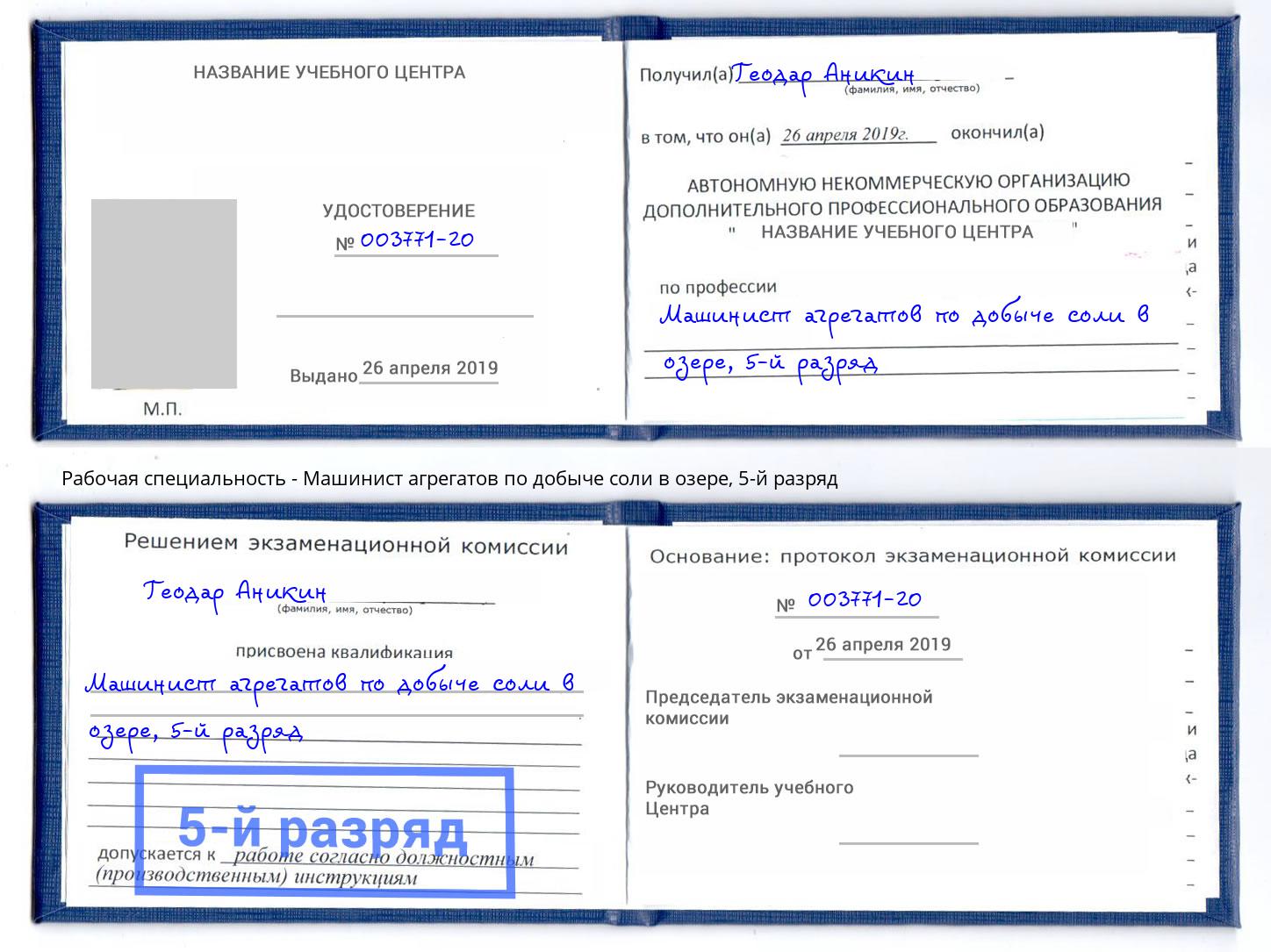 корочка 5-й разряд Машинист агрегатов по добыче соли в озере Щёкино