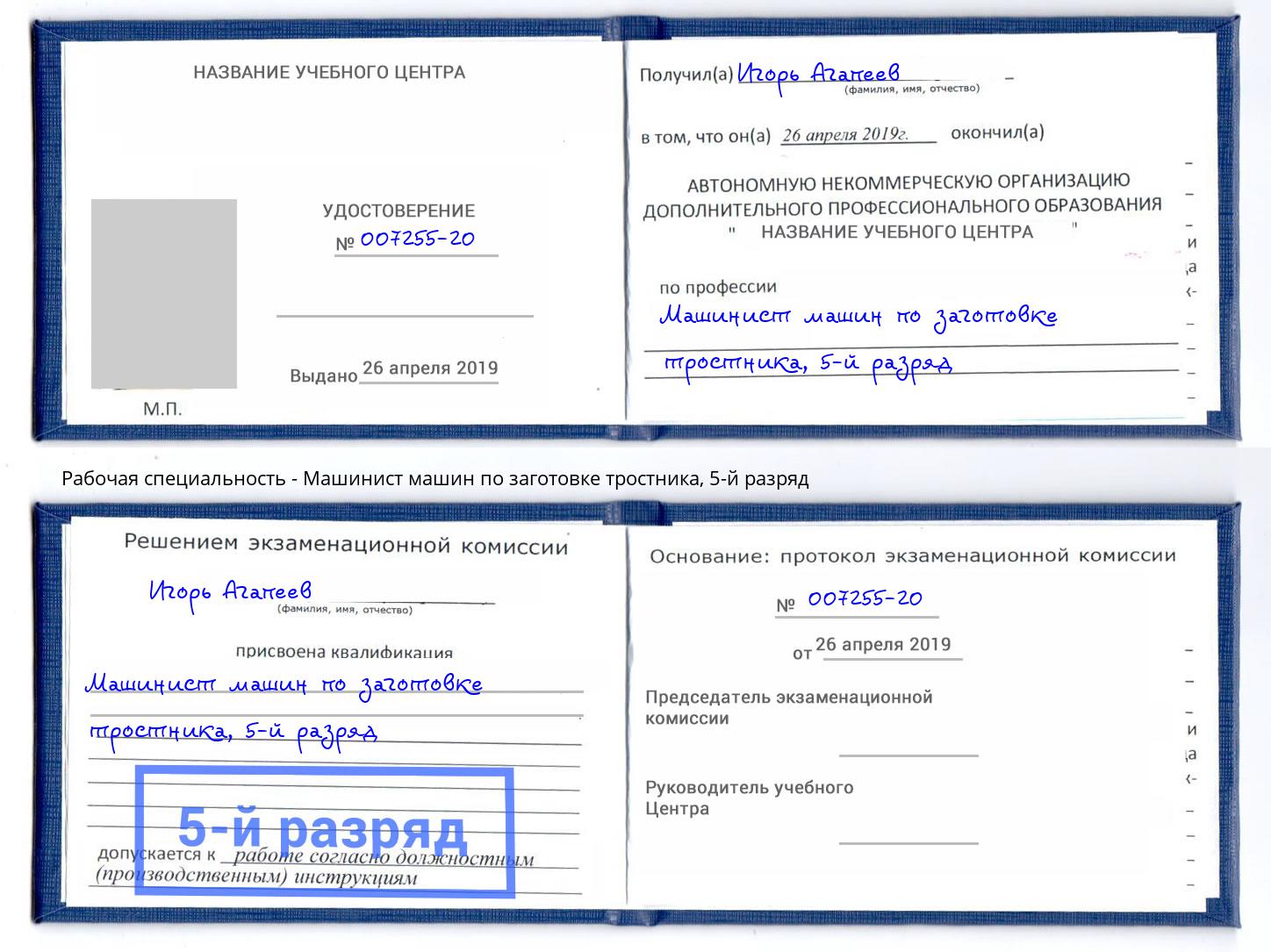 корочка 5-й разряд Машинист машин по заготовке тростника Щёкино