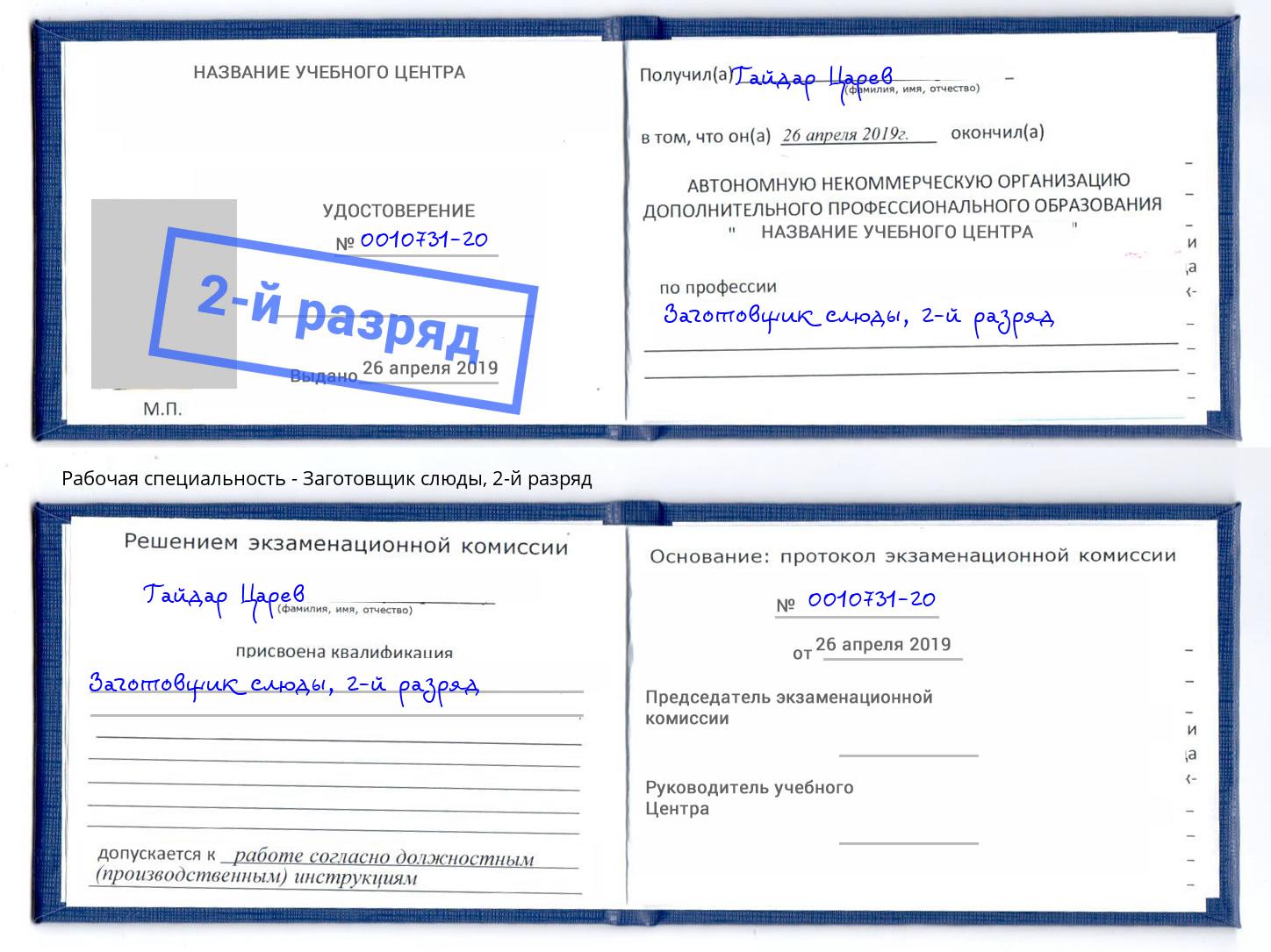 корочка 2-й разряд Заготовщик слюды Щёкино