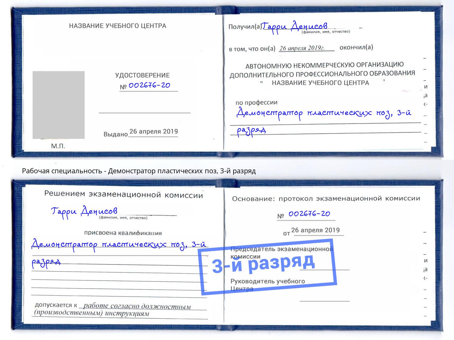 корочка 3-й разряд Демонстратор пластических поз Щёкино