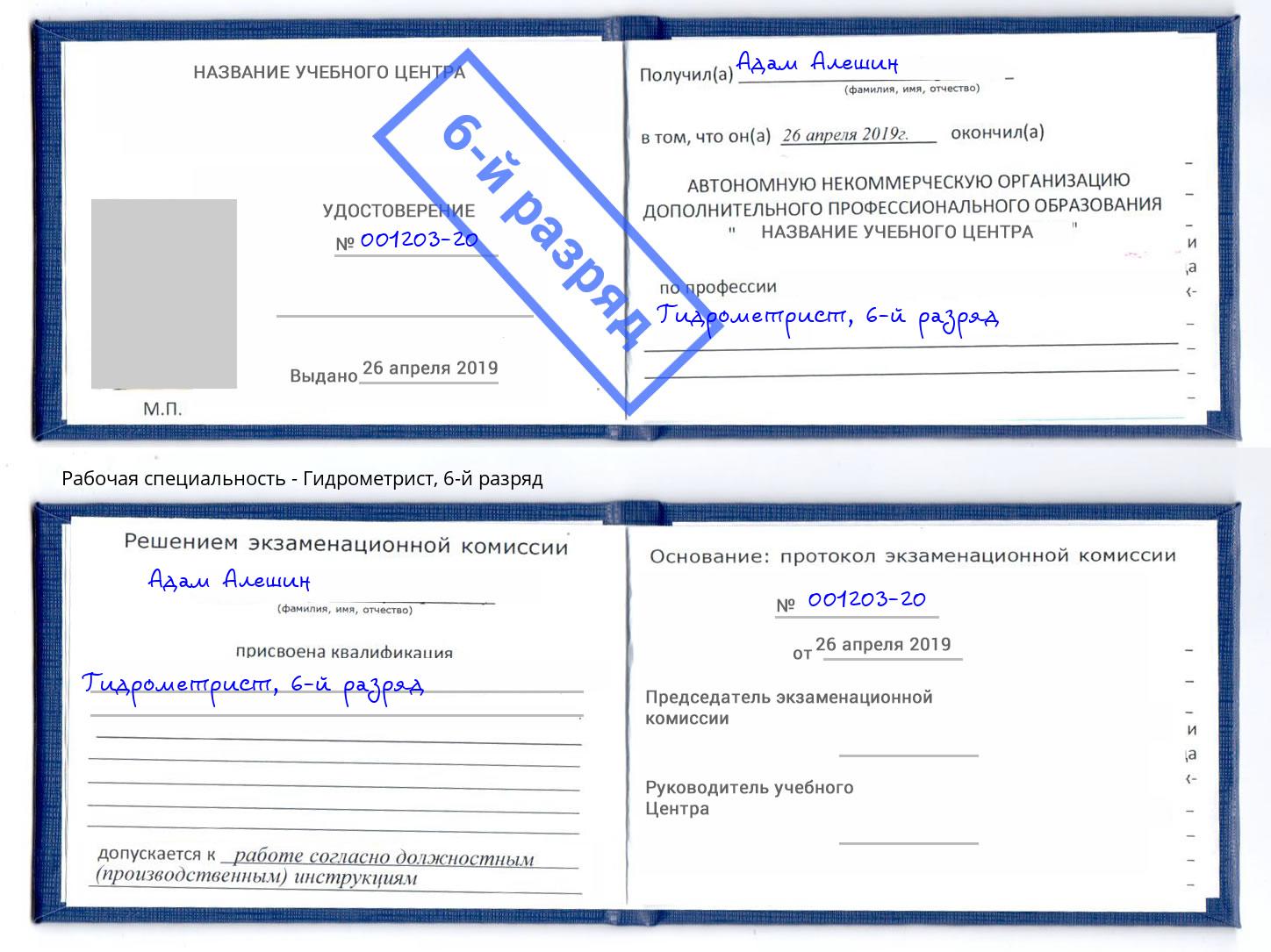 корочка 6-й разряд Гидрометрист Щёкино