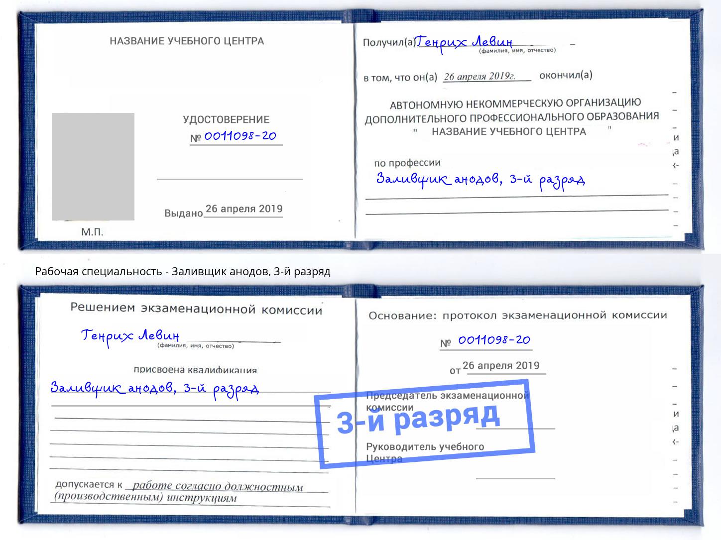 корочка 3-й разряд Заливщик анодов Щёкино