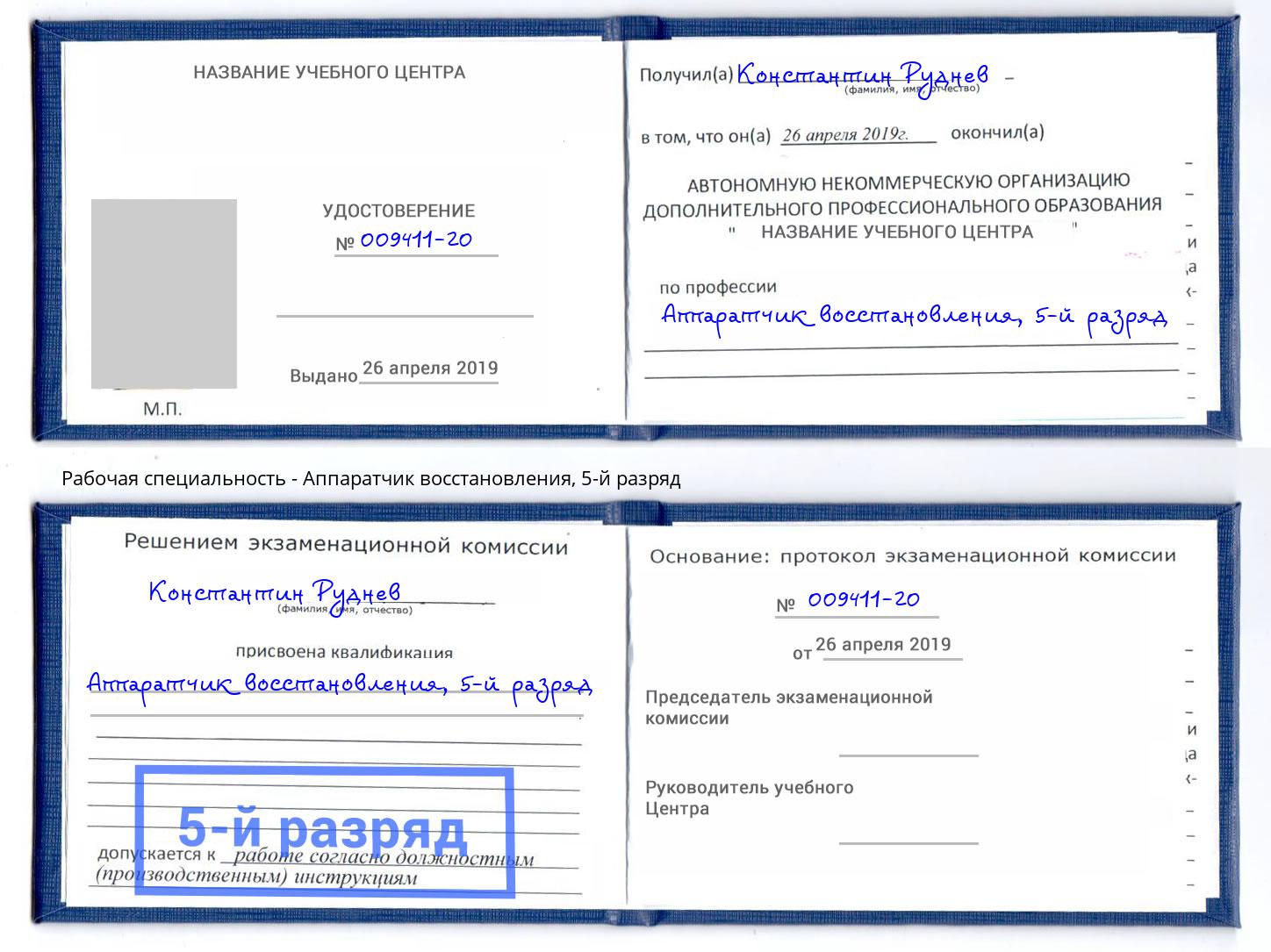 корочка 5-й разряд Аппаратчик восстановления Щёкино