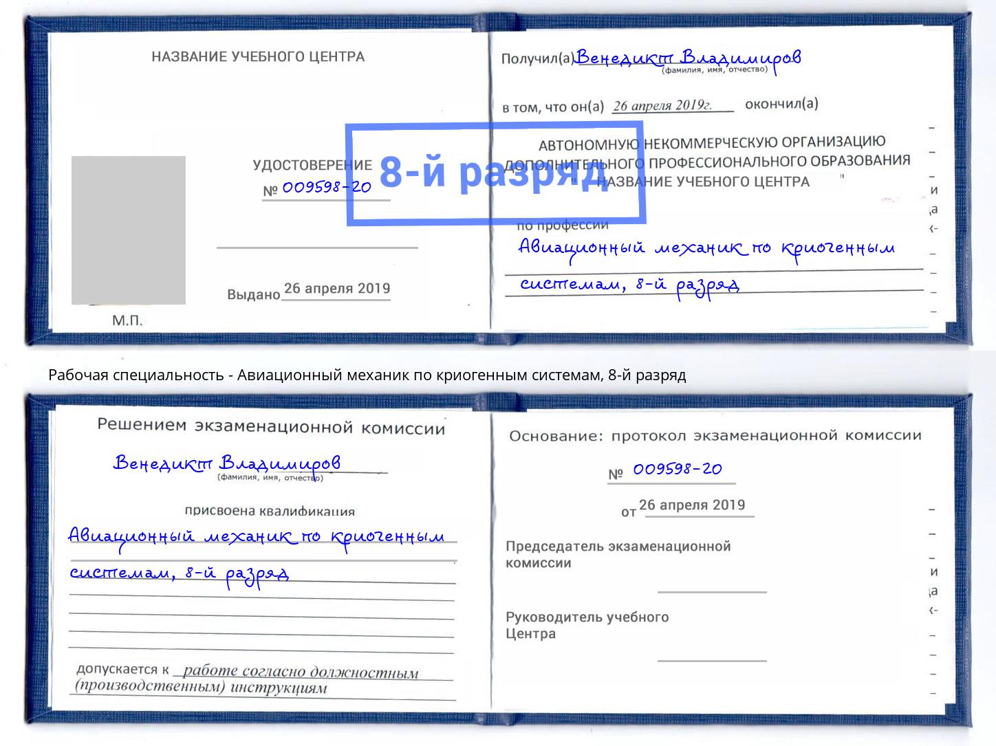 корочка 8-й разряд Авиационный механик по криогенным системам Щёкино